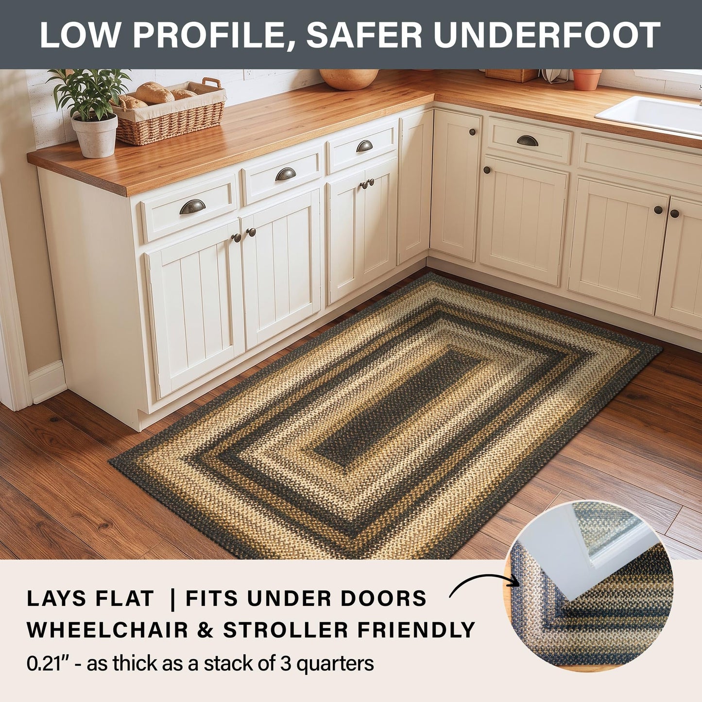 Kilimanjaro Jute Braided Rug 2x3' Black & Tan – Primitive Country Braided Rugs for Bathroom, Entryway, Kitchen & Farmhouse – Pet-Friendly, Reversible & No-Shed