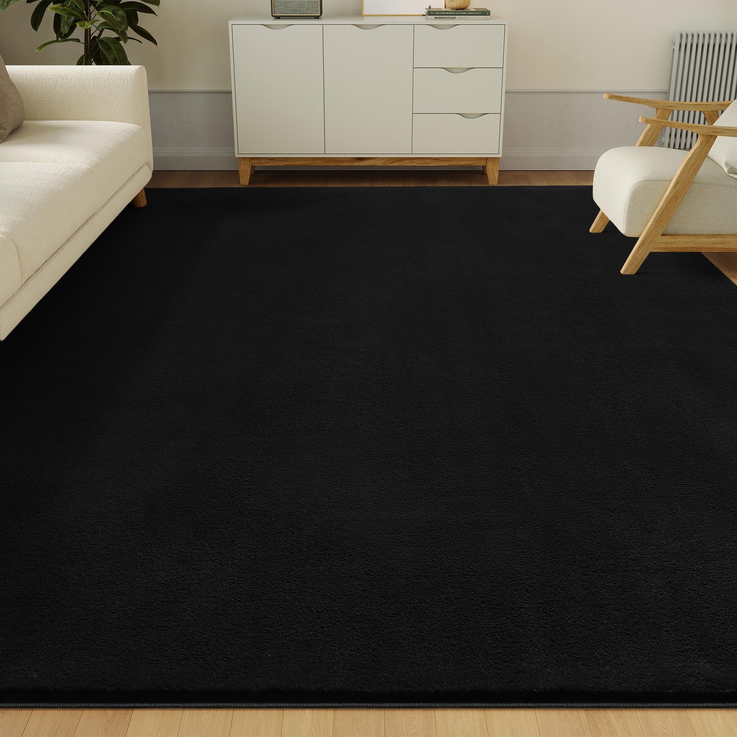 CASTLYE Solid Washable Area Rug - 6x9 Medium Pile Faux Cashmere Carpet for Living Room Bedroom, Black