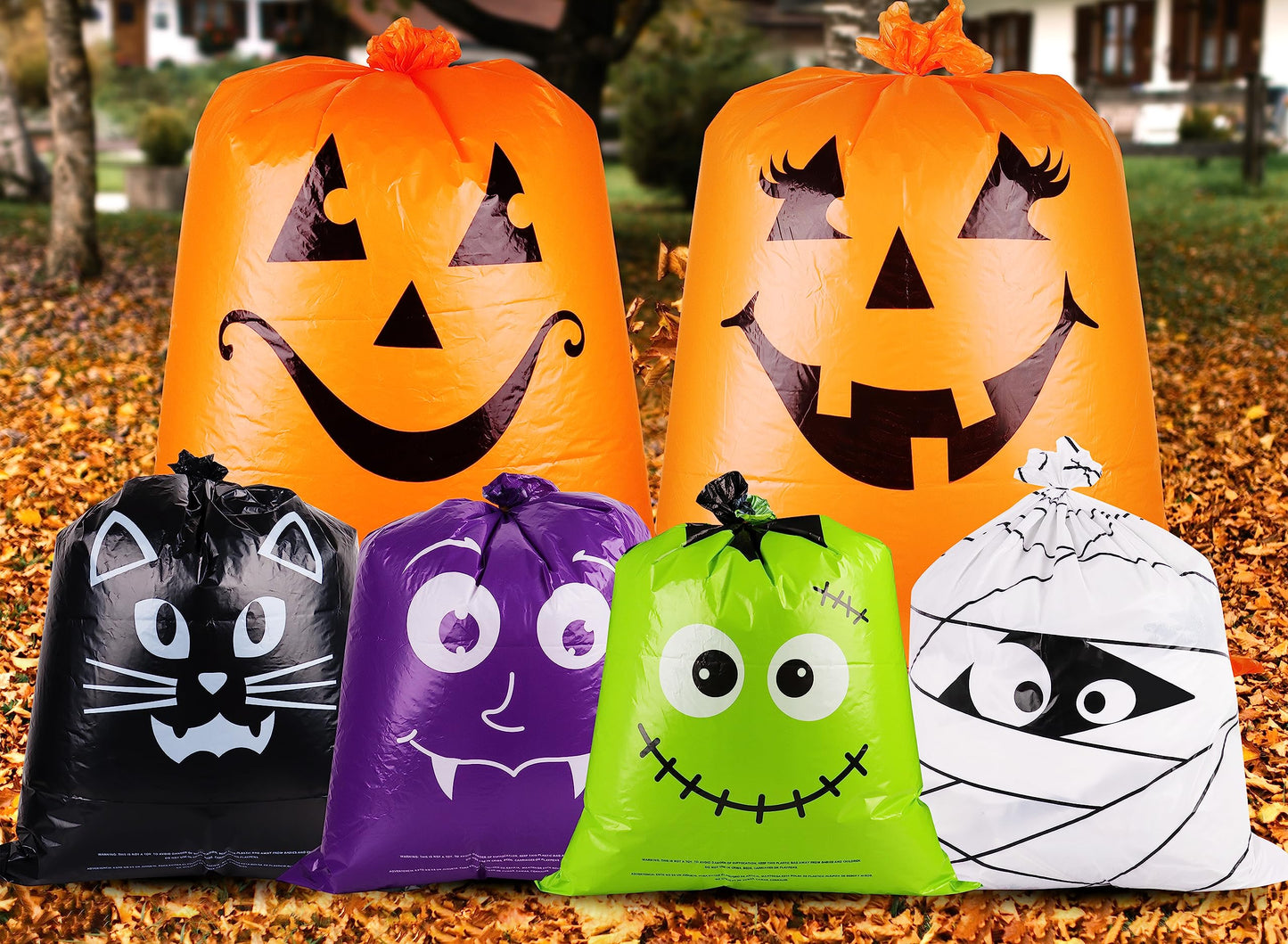 POPGIFTU 12 Pack Halloween Lawn Leaf Bags - Heavy Duty Plastic Trash Bags with Twist Ties, 6 Designs Large Pumpkin Yard Waste Bags for Garden, Lawn, Porch, Indoor Outdoor Halloween Decorations