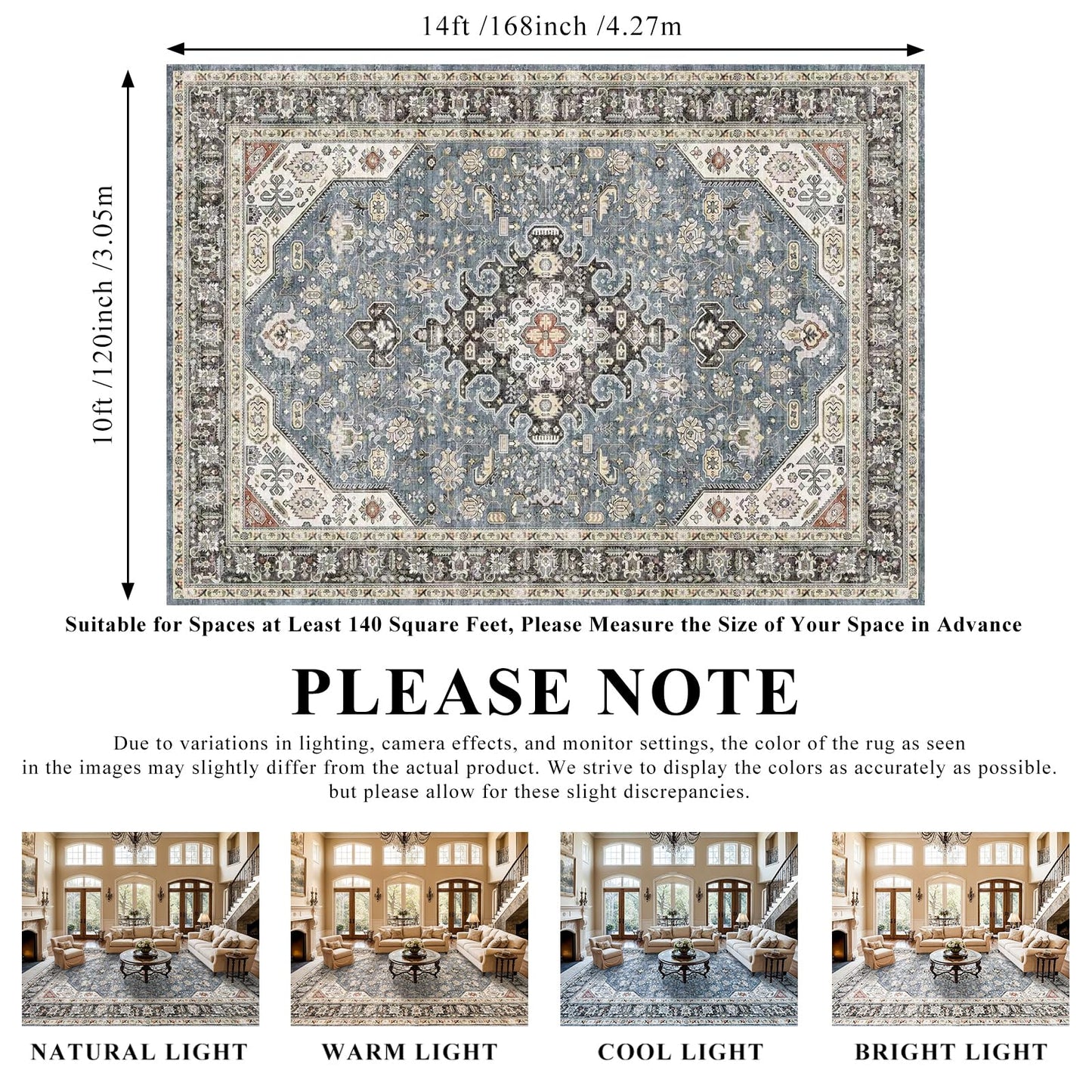 HILORUUG Living Room Area Rugs 10x14: Extra Large Area Rug Super Soft Distressed Oriental Rugs with Non-Slip Backing - Thin Stain Resistant Indoor Rug - 10x14 Navy Blue