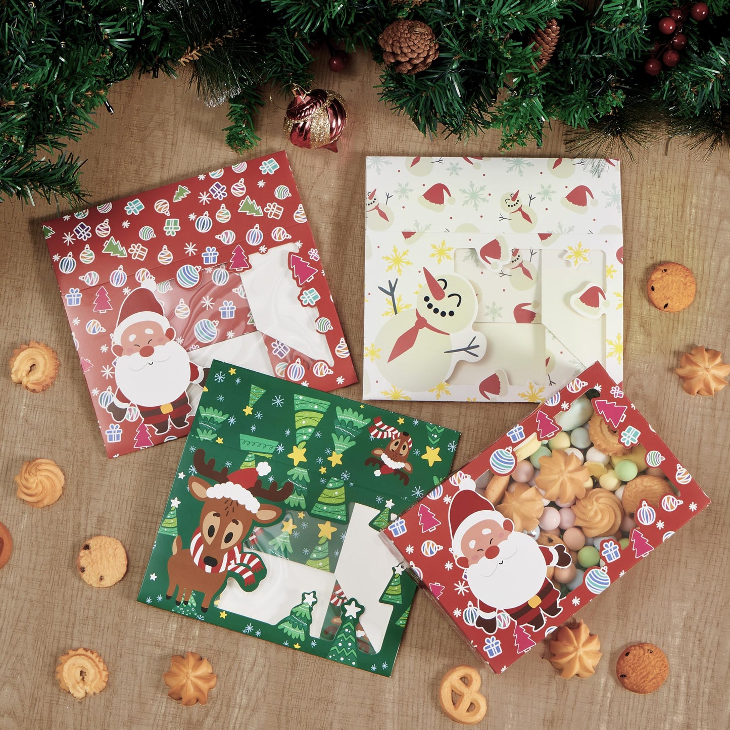 JOYIN 24 PCS Christmas Foil Treats Cookie Gift Boxes (8.75" x 5.75" x 2.75") Colorful Pattern Bakery Box with Window for Xmas Holiday Birthday Party Pastries, Cupcakes, Brownies, Donuts Gift-Giving