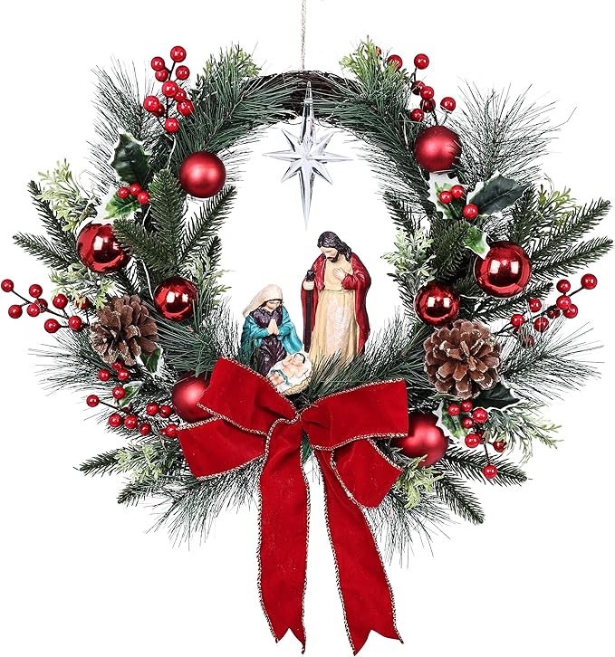 Moonet 19" Christmas Wreath with LED Lights Jesus Nativity Scene Garland for Home Hanging Ornament, Holiday Wreath with Lights for Front Door, Window, Fireplace