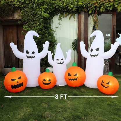 SAND MINE 8 FT Long Lighted Halloween Inflatable Ghosts with Pumpkins, Halloween Blow Up Decorations for Halloween Indoor Outdoor Garden Lawn Party Yard Decorations