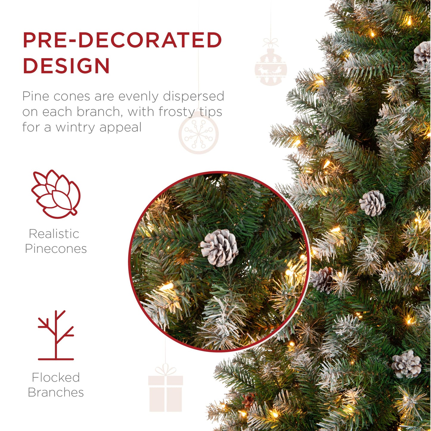 Best Choice Products 4.5ft Pre-Lit Pre-Decorated Pine Artificial Christmas Tree w/ 450 Flocked Frosted Tips, 32 Pinecones, 175 Lights, Base - Green