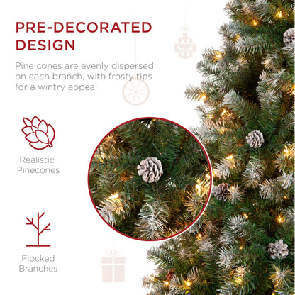 Best Choice Products 4.5ft Pre-Lit Pre-Decorated Pine Artificial Christmas Tree w/ 450 Flocked Frosted Tips, 32 Pinecones, 175 Lights, Base - Green