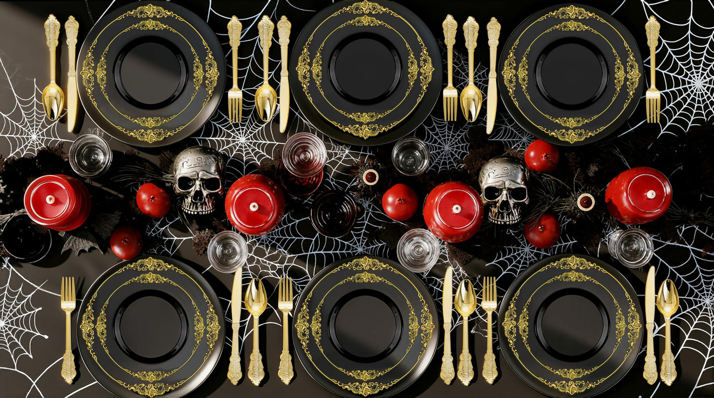 Nervure 100PCS Black and Gold Plastic Plates - 10.25Inch Black Disposable Plates - Black Plastic Dinner Plates for Wedding & Party & Halloween