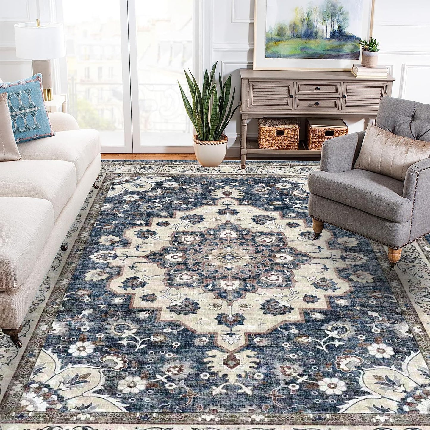 Washable Living Room Area Rug - 9 x 12 Stain Resistant Medallion Soft Bedroom Rugs Distressed Design Non Shedding Floor Carpet Durable Easy-Clean Low Pile Rug Comfortable Home Decor (9x12 Blue)