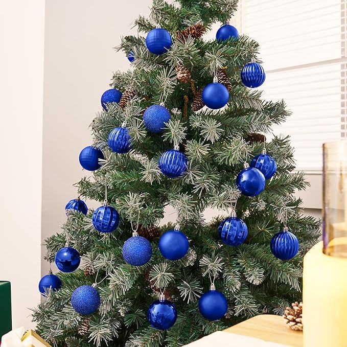 JOIEDOMI 24 Pcs Blue Christmas Balls Ornaments Set, 2.36" Shatterproof Xmas Tree Ornaments, Christmas Hanging Ornaments Decorations for Tree Wreath Garland Holiday Wedding Indoor Party Decor