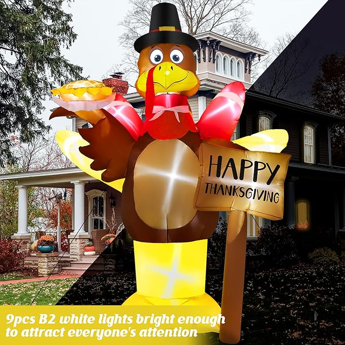 12FT Thanksgiving Inflatables, Super Huge Inflatable Turkey Holding Pumpkin Pie and Happy Thanksgiving Sign, Lighted Blow Up Turkey for Yard Decor Outdoor Lawn Garden Autumn Holiday Harvest