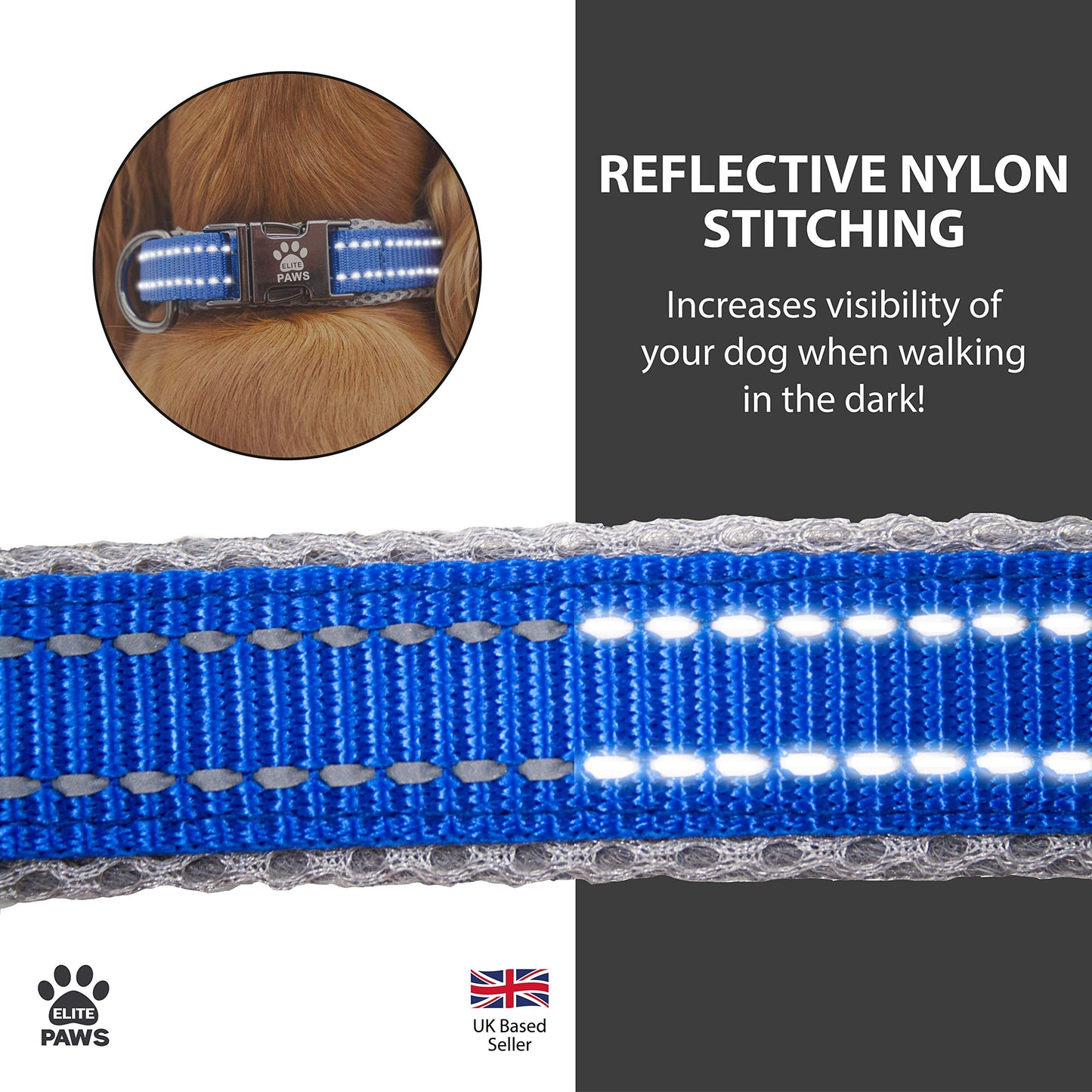 Elite Paws™ UK: Premium Metal Buckle Dog Collar, Strong, Safe, Padded, Comfortable, Reflective, Adjustable, Secure Fit with Metal Lead Attachment, Puppy Walking/Training Product (30cm-35cm, Blue/Grey)
