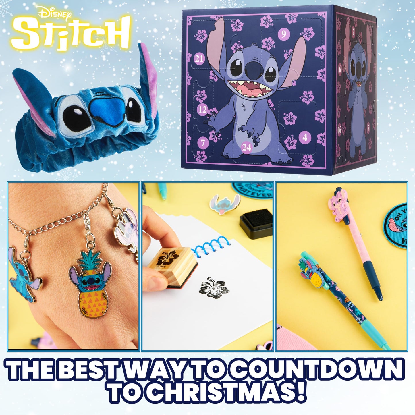 Disney Stitch Advent Calendar 2025 Stationery and Accessories Christmas Countdown Calendar with Necklace Keyring Pen Snap Bracelets Stamps (Purple Stitch Cube)