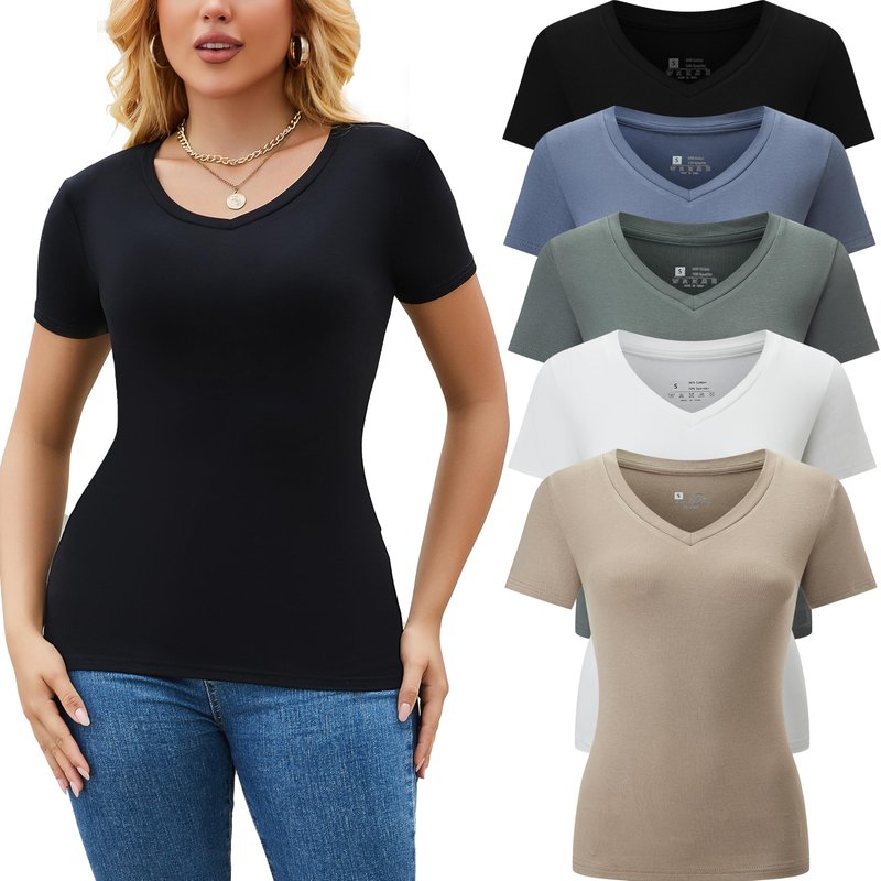 Vomidia 5 Pack Womens T Shirts Short Sleeve Basic Tees V Neck Fashion Tops Slim Fit Casual Summer Outfits Clothes 2026