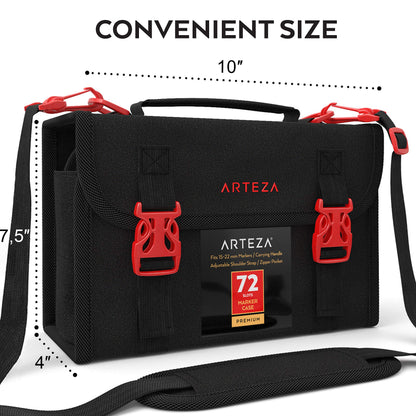 ARTEZA Art Markers & Pens Organizer (72 Slots), Carrying Case for Travel & Storage with Zipper Pocket, Handle, Removable & Adjustable Strap