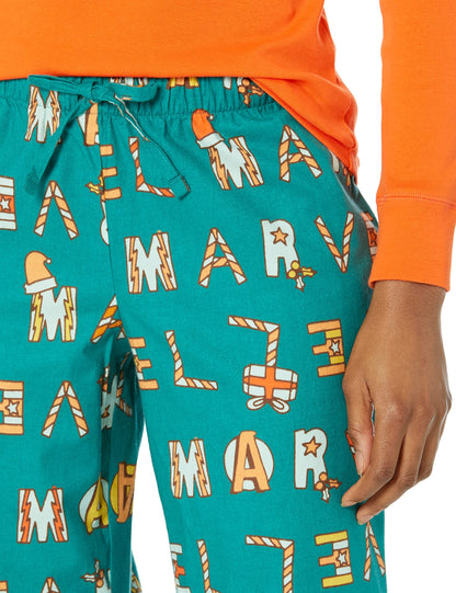 Amazon Essentials Disney | Marvel | Star Wars Women's Flannel Pajama Sleep Sets, Festive Marvel, Small