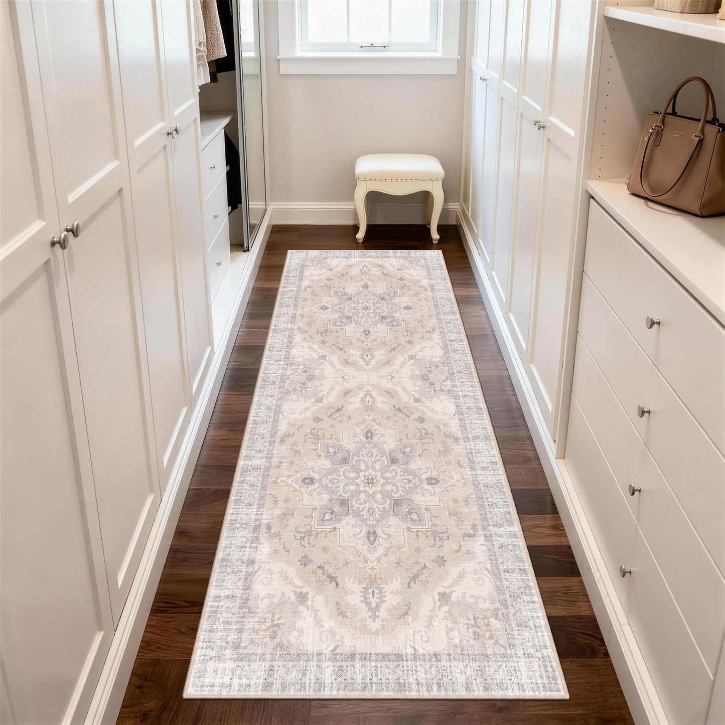 TTelephant 2x6 Runner Rug, Soft Non-Slip Vintage Medallion Rug, Low-Pile Bedroom Runner Rug Indoor Runners for Girls Room, Kids Room, Bedroom Bedside -Light Blush/Cream