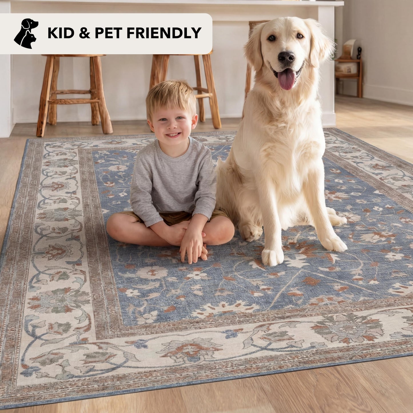 Kuden 6x9 Area Rug, Machine Washable Area Rug with Non-Slip Backing, Vintage Style, Soft, Easy Clean, Low Pile Rug for Living Room, Bedroom, Dining Room