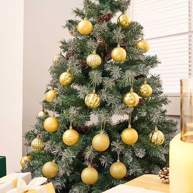 JOIEDOMI 24 Pcs Gold Shatterproof Christmas Balls Ornaments, 2.36" Christmas Tree Decoration Ornaments Set, Xmas Hanging Decorations for Tree Wreath Garland Wedding Indoor Holiday Party Decor