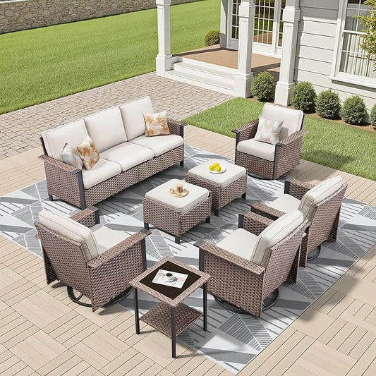 Outdoor Patio Furniture Set-8 Pieces All-Weather Wicker 3 Seater Sofa with Swivel Rocker Patio Chairs Set of 4, Wicker Outdoor Conversation Sets for Porch Deck Backyard Brown/Beige