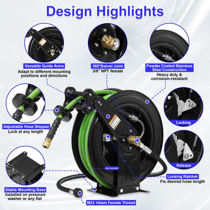 JOEJET Auto-Retractable Pressure Washer Hose Reel, 50FT x 3/8" Heavy Duty Steel Power Washer Hose Reel Dual Arm, 4000 PSI