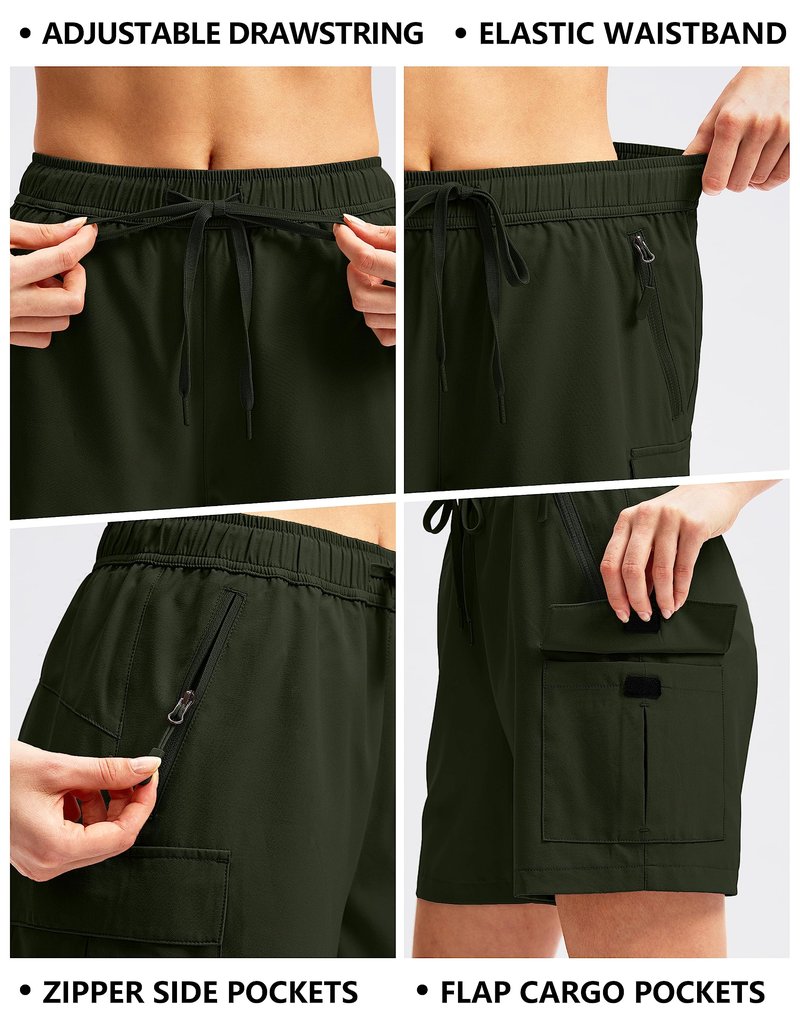 SANTINY Women's 5''/ 7''/9'' Hiking Cargo Shorts Quick Dry Lightweight Summer Shorts for Women Athletic Golf Zipper Pockets(Army Green_XXL)