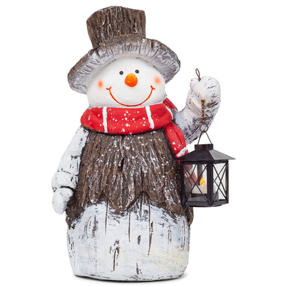Mark Feldstein & Associates Woodsy Snowman with Lantern LED Light Up 17 Inch Resin Stone Door Greeter Figurine