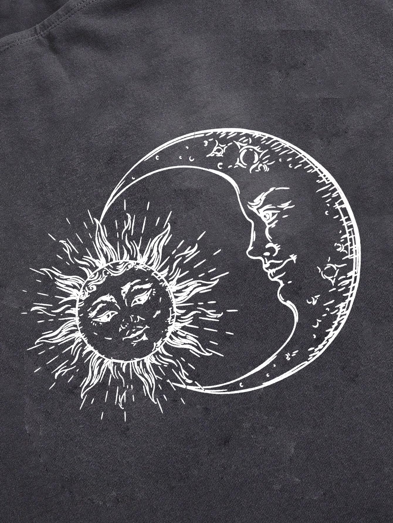 Remidoo Women's Off Shoulder Sun and Moon Graphic Crop Top Short Sleeve Loose Fit T Shirt Gray Gray Small