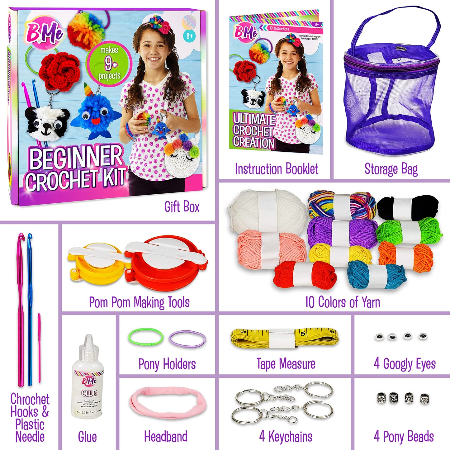 DIY All in One Crochet Knitting Kit for Beginners Starter Arts & Craft Set for Kids Teens Tweens & Adults – How to Learn Make Your Own Yarn Pom Poms – Birthday Gift for Kids Ages 8+