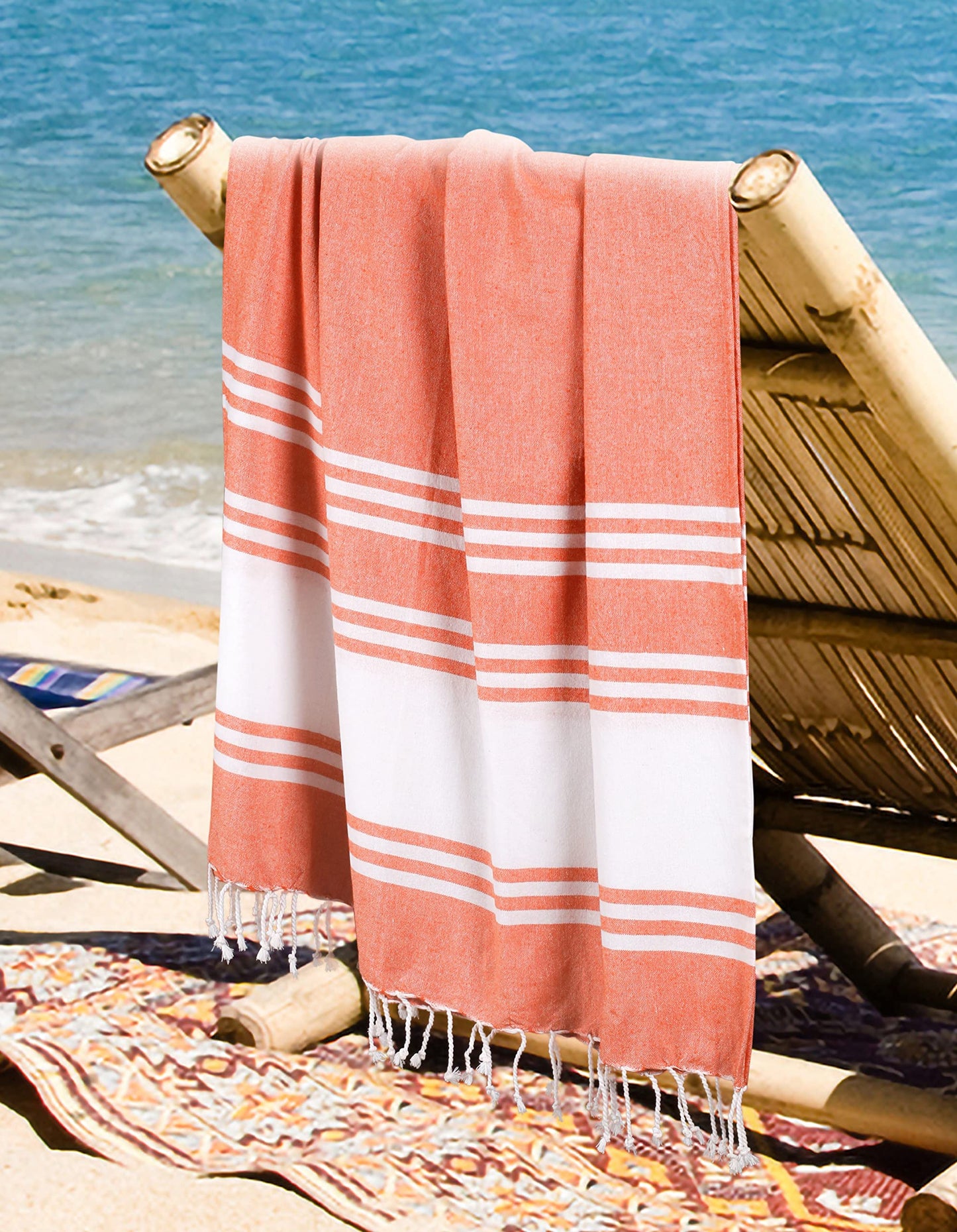 Goroly Home Cotton Turkish Peshtemal Beach Towel, Extra Large, Thin Quick Dry Sand Free Pool & Swim Towel, Bathing Blanket, Travel Essentials, (Orange, 36x71 Inches)