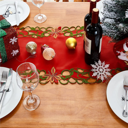 AMARED Christmas Embroidered Table Runner Cutwork Green Leaves Holiday Table Linens for Christmas Decorations 15x69 Inch
