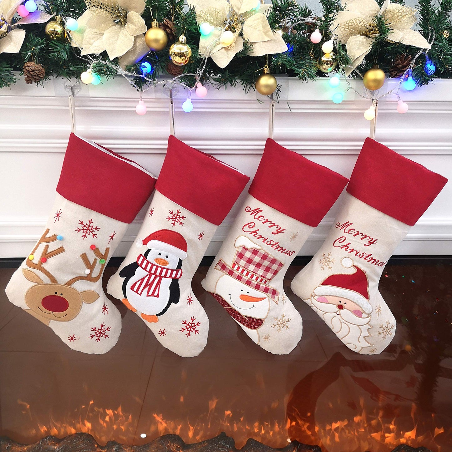 Bstaofy 18'' Rustic Christmas Stockings Set of 4 Felt Santa Reindeer Snowman Penguin Stockings Xmas Tree Ornaments Party Decor for Kids Family