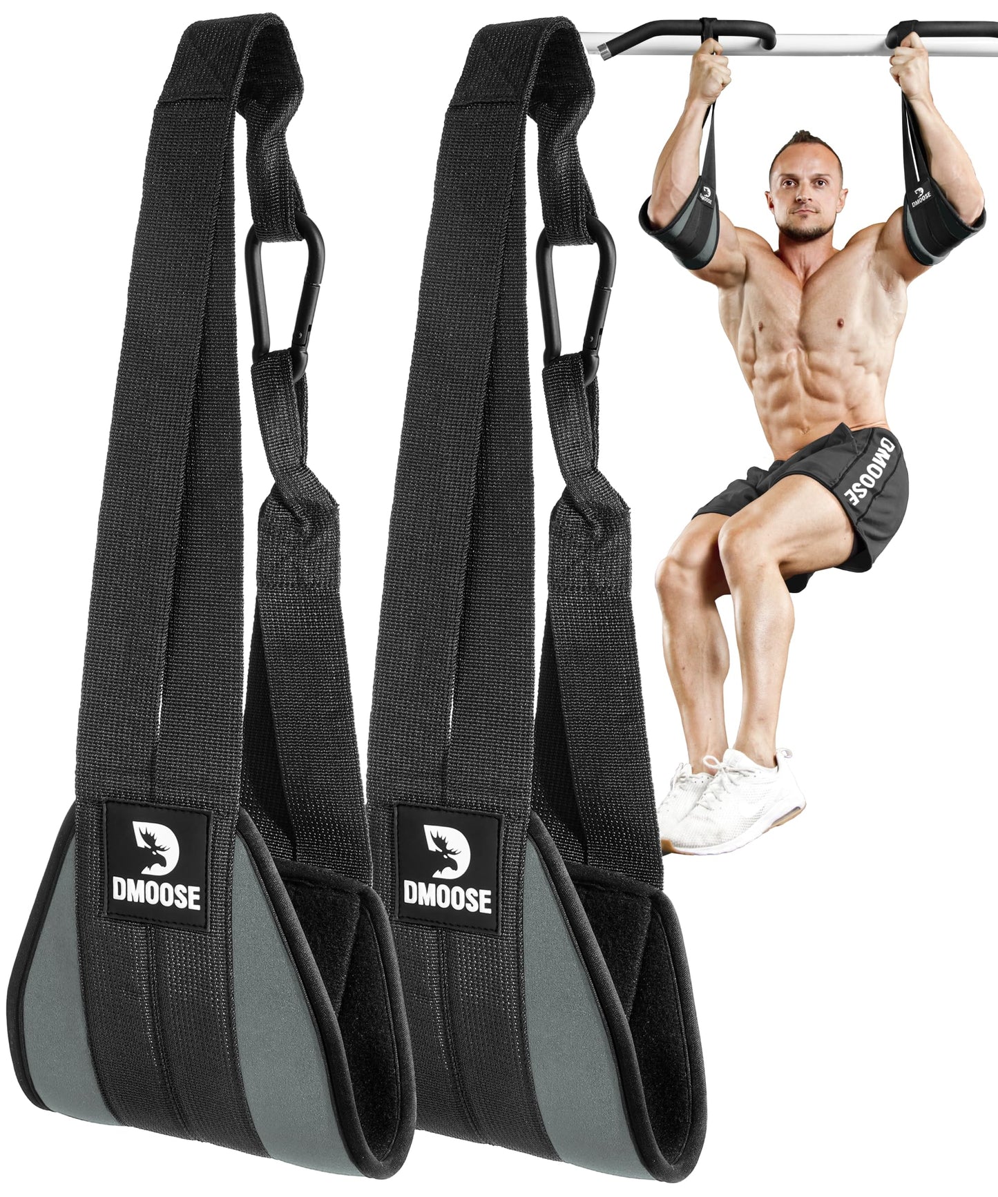 DMoose Fitness Hanging Ab Straps for Pull Up Bar & Core Strength Training - Soft Padded Exercise Straps for Ab Swing & Leg Raises, Hang Bar Strap with 2 Steel Carabiners - Abs Equipment for Home & Gym