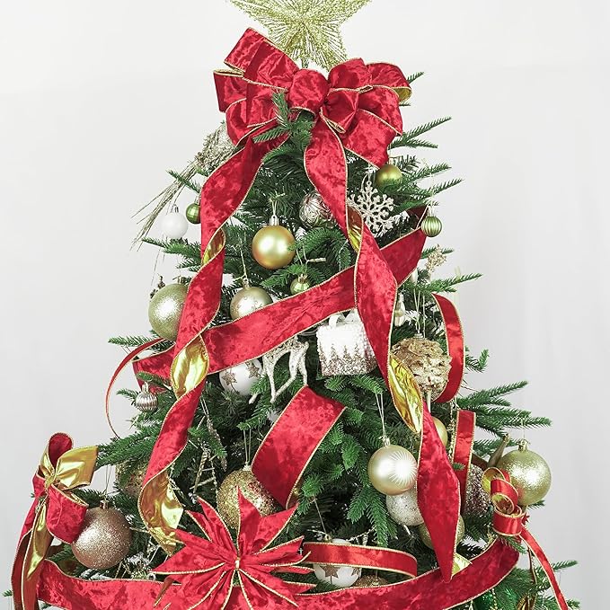 MEEDEE Red Velvet Wired Ribbon 2.5 Inch 10 Yards Double Sided Gold & Red for Christmas Tree, Wreath & Crafts