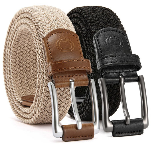 CHAOREN Stretch Belt Men 2 Pack - 1 3/8" Braided Golf Belts For Men - Casual Elastic For Pants and Jeans