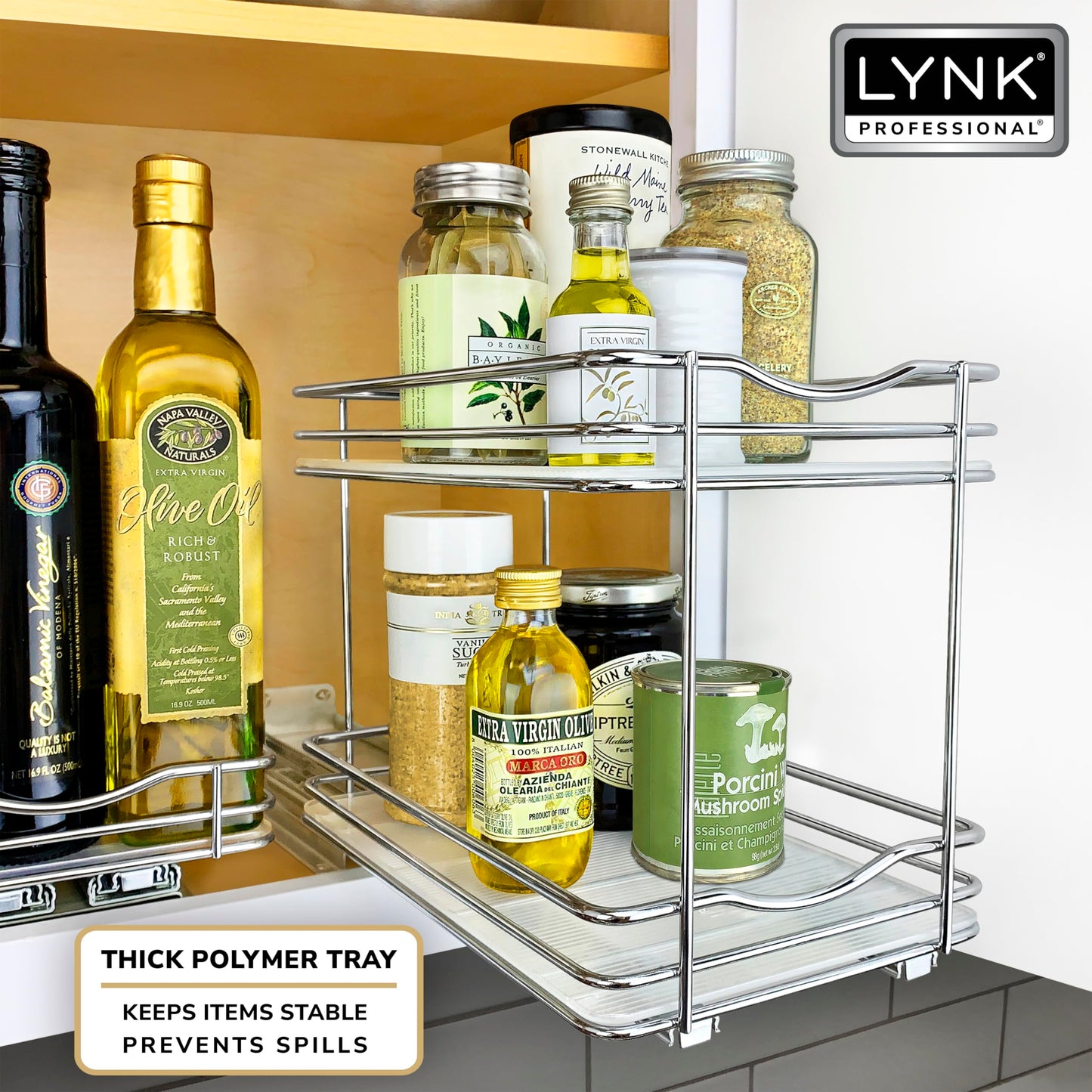 LYNK PROFESSIONAL® Pull Out Spice Rack Organizer for Inside Kitchen Cabinets - 4-1/4 inch Wide - Slide Out Drawer – Chrome Sliding Spice Cabinet Organization Shelf Racks - 2 Tier