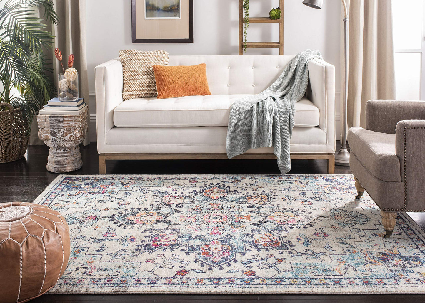 SAFAVIEH Madison Collection Area Rug - 9' Square, Cream & Blue, Boho Chic Distressed Medallion Design, Non-Shedding & Easy to Clean, Ideal for Living Room, Bedroom, Dining Space (MAD473B)