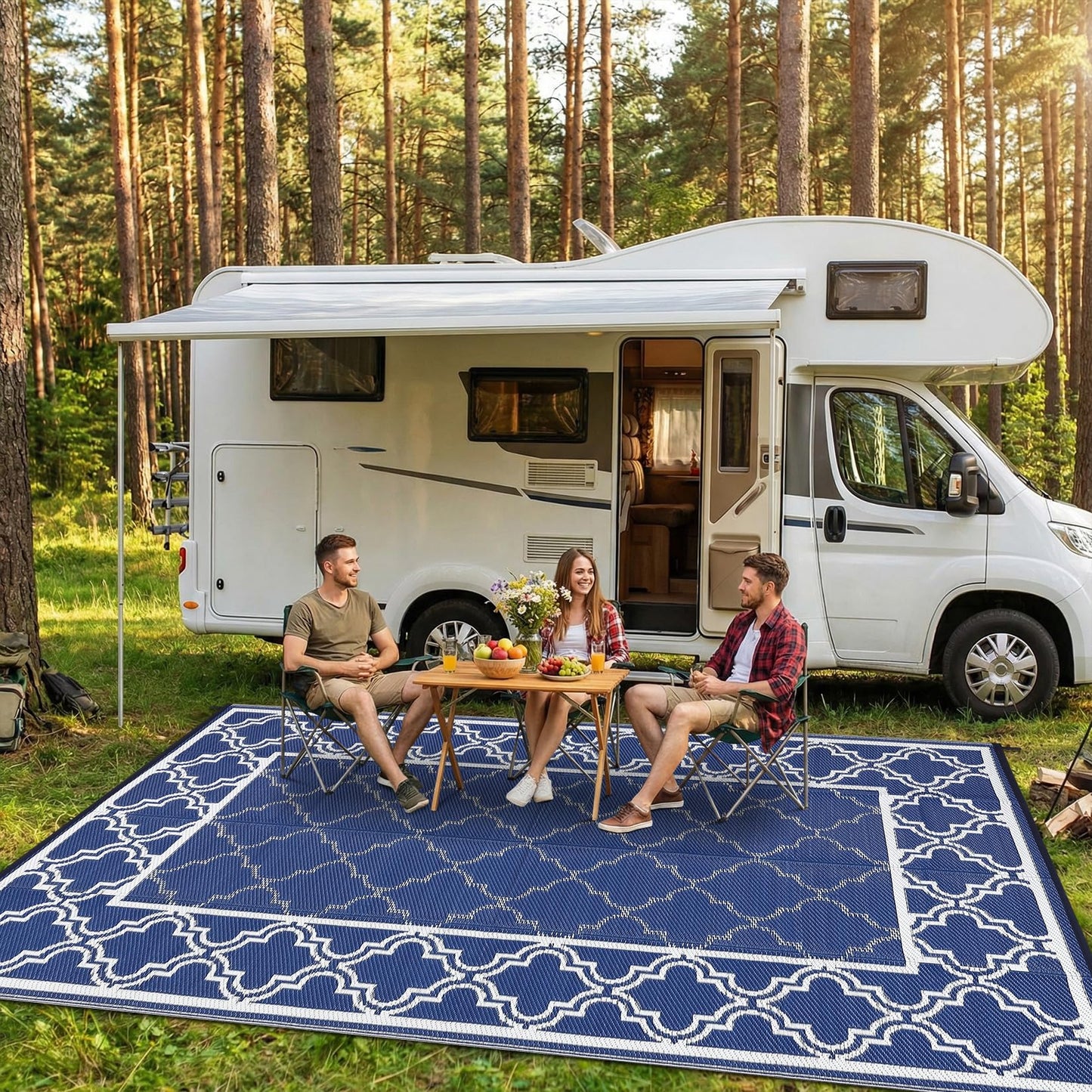Garvee Reversible Outdoor Rug 5x8, Waterproof Outdoor Plastic Straw Rug with Interlacing Pattern, RV Mat for Picnics, Patio, Camping, Balcony, Deck, Backyard, Porch, Blue
