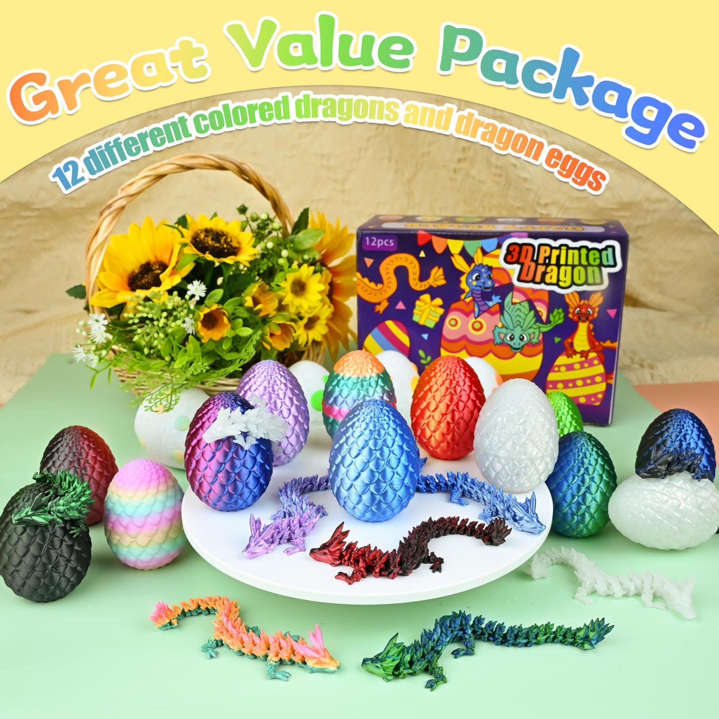 Impossmaker 3D Printed Mini Dragon Eggs Set with Dragon Inside, Articulated Crystal Fidget Toy, Cool Stuff Fun Gifts for Adults, Teens, Boy, Easter Basket Stuffers, 12PCS