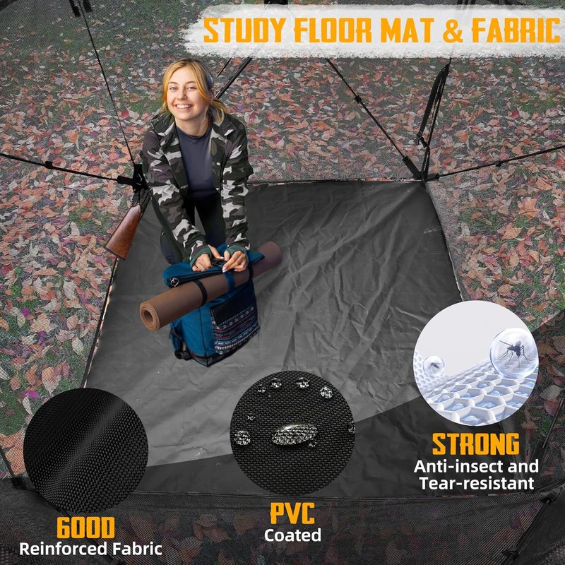 Hunting Blind - 360° See-Through Ground Blind with Chair & Floor Mat | 2-3 Person Camouflage, 58" W x 58" L x 66" H