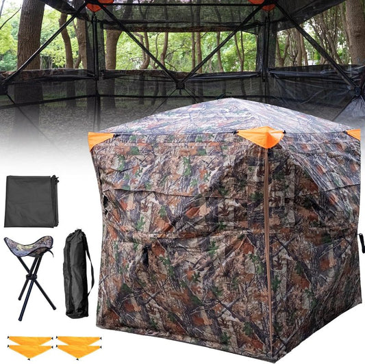 Hunting Blind - 360° See-Through Ground Blind with Chair & Floor Mat | 2-3 Person Camouflage, 58" W x 58" L x 66" H