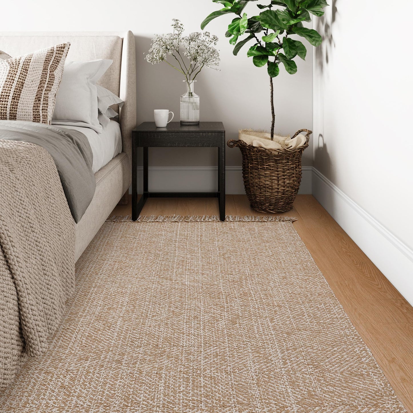 Collive Comfy Area Rug 4' x 6', Tan/Cream Woven Cotton Bedroom Rugs, Modern Indoor Accent Rug Floor Carpet with Tassel for Living Room, Nursery Room, Dining Room, Bedside, Office, Patio Decor