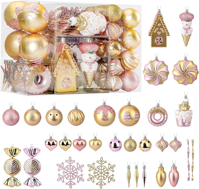 SHareconn 86pcs Christmas Tree Balls Ornaments, Shatterproof Plastic Decorative Baubles for Christmas Tree Decorations, Holiday Wedding Party Decoration, Festive Ornaments,Pink Gold