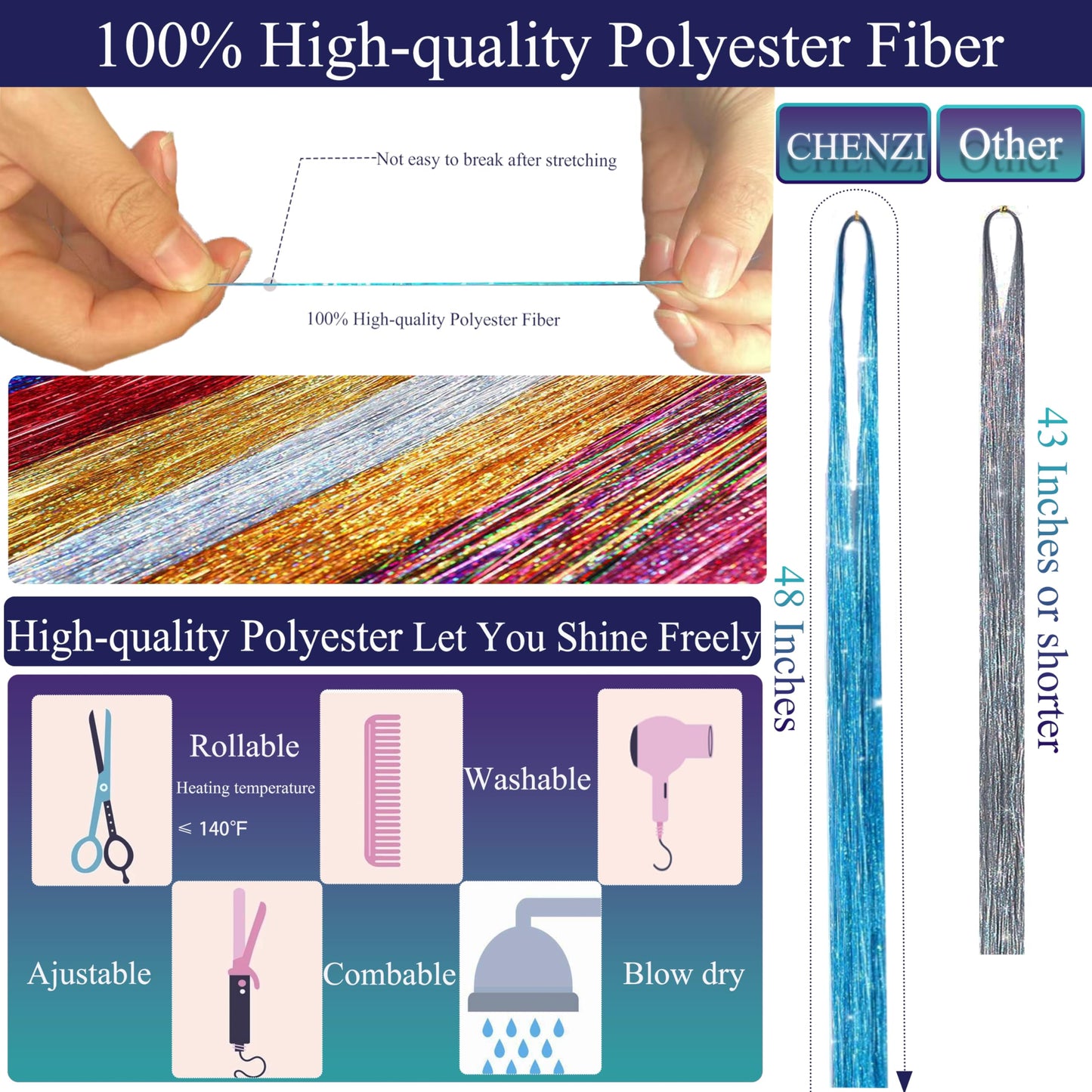 CHENZI 22 Colors 7700 Strands Hair Tinsel Kit, 48 Inch Glitter Tinsel Hair Extensions for July Fourth Christmas New Year Halloween Cosplay, Heat Resistant Fairy Hair Accessories for Girls, Kids, Women