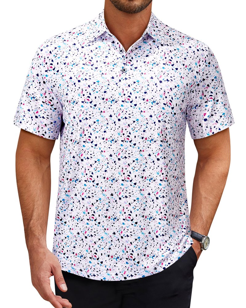 DEMEANOR Mens Golf Shirt Short Sleeve Dry Fit Performance Moisture Wicking Casual Polos Collared Polo Shirts White Dots 2XL