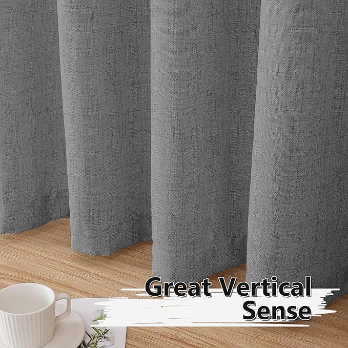 Tollpiz Linen Curtain Bedroom Rod Pocket Semi Sheer Curtains Burlap Light Filtering Thick Linen Drape for Living Room, 54 x 63 inches Long, Dark Grey, Set of 2 Panels