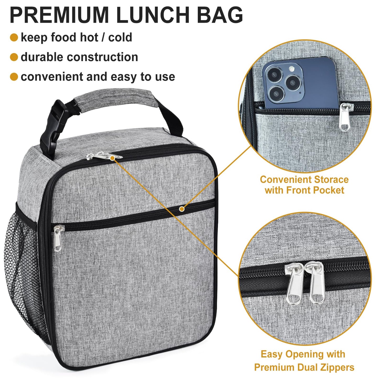 IWTTWY Insulated Lunch Bag, Leakproof Portable Lunch Box for Women Men Boys Girls, Large Capacity Cooler Bag with Handle and Bottle Pocket for Office School Camping Hiking Outdoor Beach Picnic (Grey)