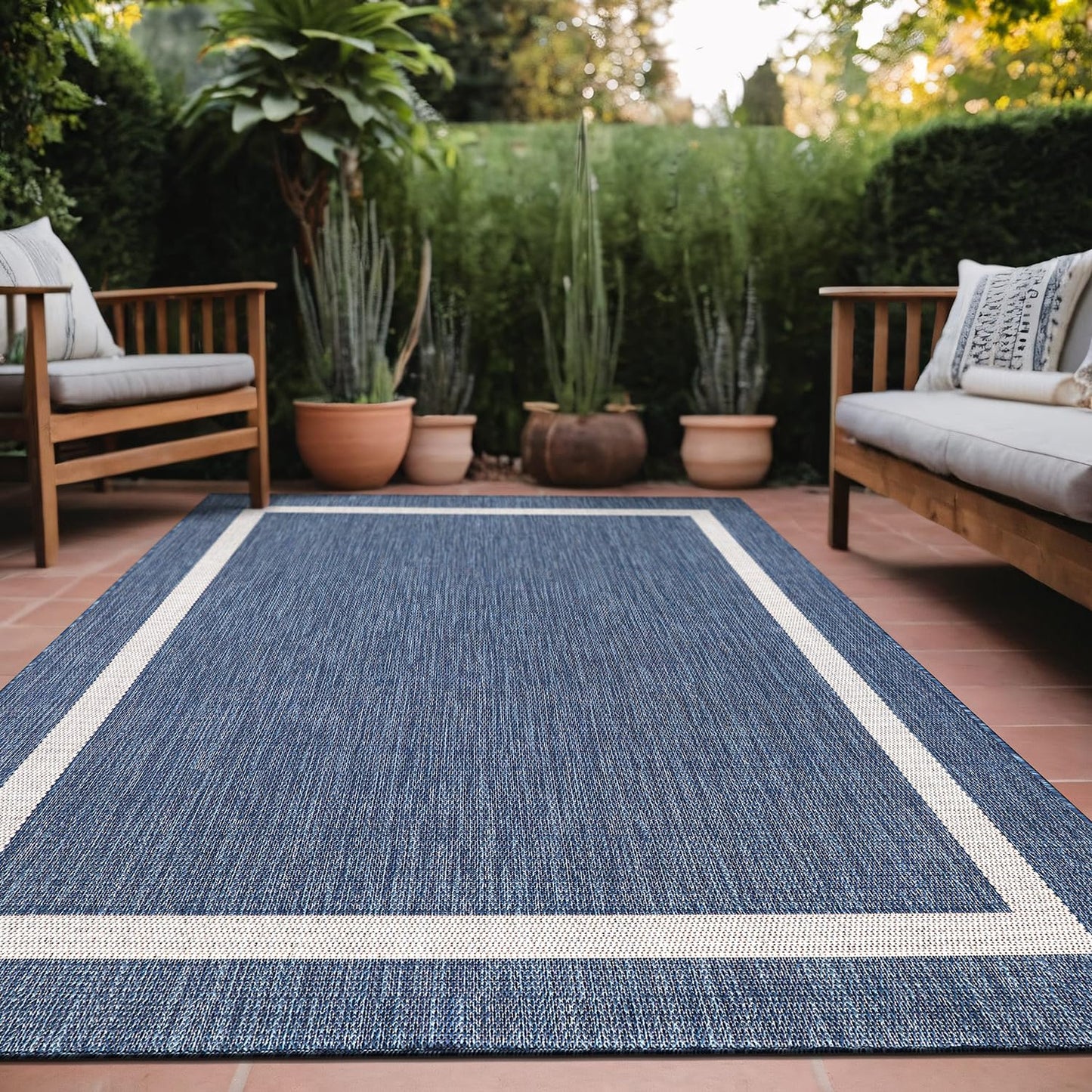 Luul Home Bordered Outdoor Rug 6x9 Washable Outside Carpet for Indoor Patio Porch Waterproof Easy Cleaning Non Shedding Area Rugs Blue 6 x 9