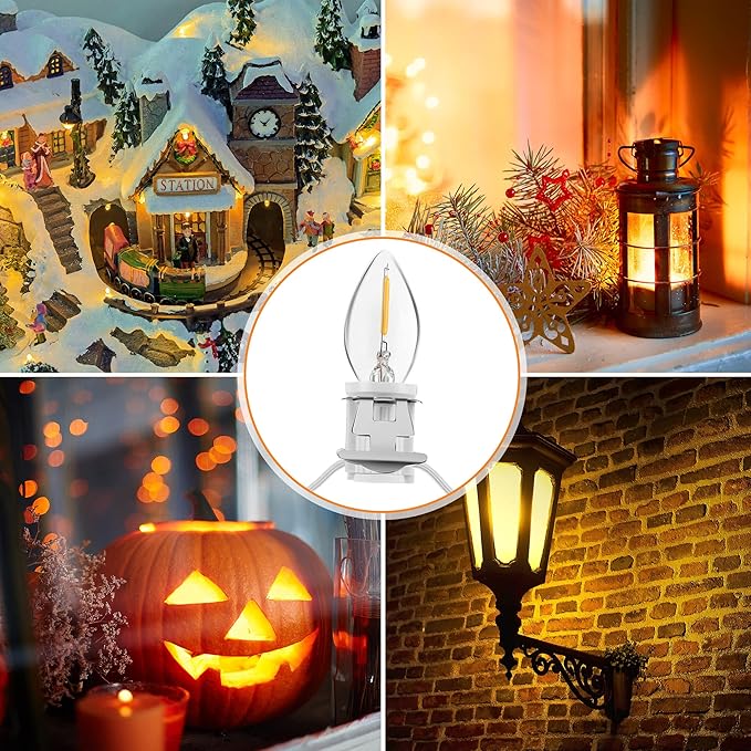 Meonum Accessory Cord with 15 LED Bulb, C7 Christmas Village Light Cord with Two Spare Fuse, Blow Mold String Lights with Switch, Xmas Decoration for Xmas Village Houses Salt Lamp