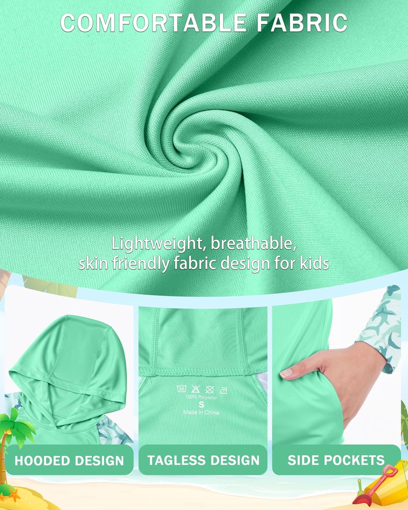 DRONIRING Boys Rash Guard Swim Hoodie, UPF 50+ UV Sun Protection Long Sleeve Fishing Shirt, Kids Youth SPF Water Shirts Green