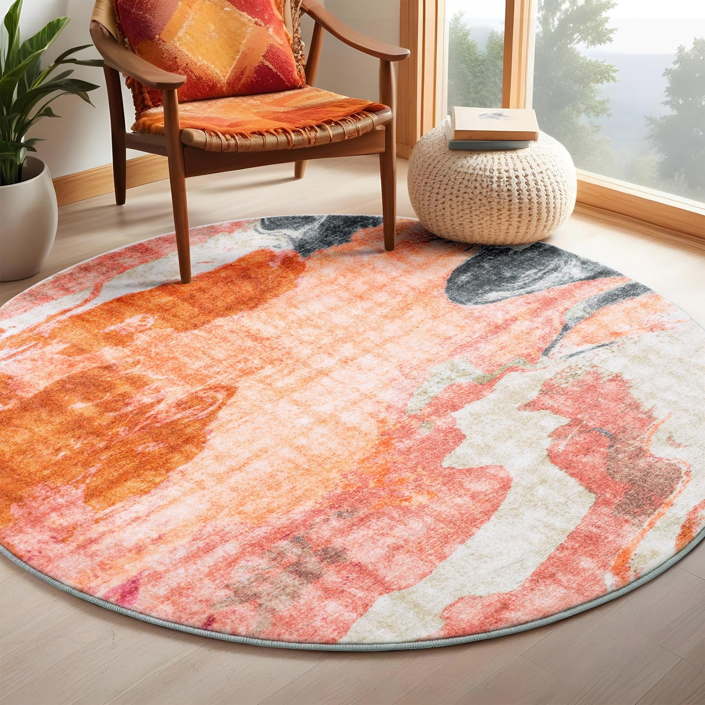 Carvapet 3ft Round Desk Chair Mat - Red Orange Modern Abstract Circle Rug, Washable Non Slip Rubber Backing Rolling Wheel Floor Protector for Office