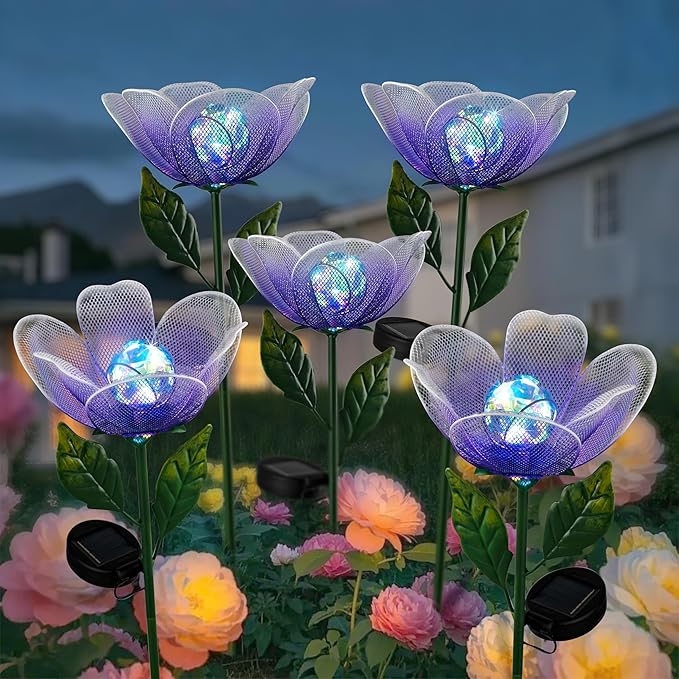 Flower Solar Lights for Outside,2 Pack Metal Flower Solar Lights for Outside,Tulip Solar Powered Garden Light Outdoor Decor,Housewarming Ornament for Patio, Lawn, Yard, Pathway (Breathing light)